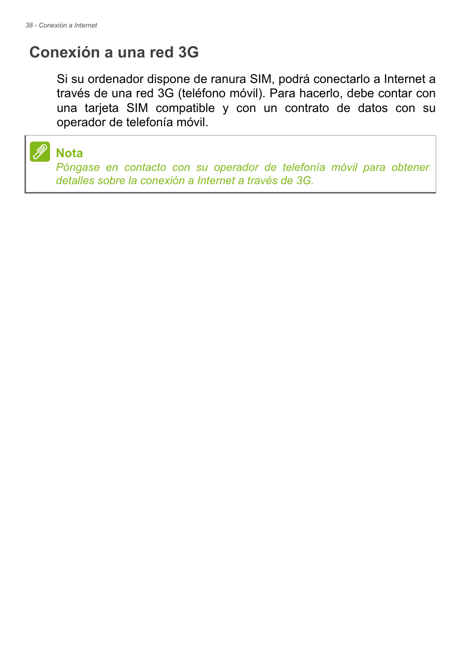 Conexión a una red 3g | Acer Aspire E1-470PG User Manual | Page 38 / 101