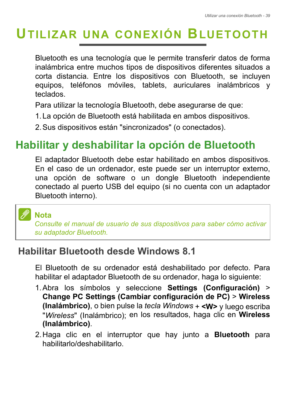 Utilizar una conexión bluetooth, Habilitar y deshabilitar la opción de bluetooth, Habilitar bluetooth desde windows 8.1 | Tilizar, Conexión, Luetooth | Acer Aspire E1-470PG User Manual | Page 39 / 101