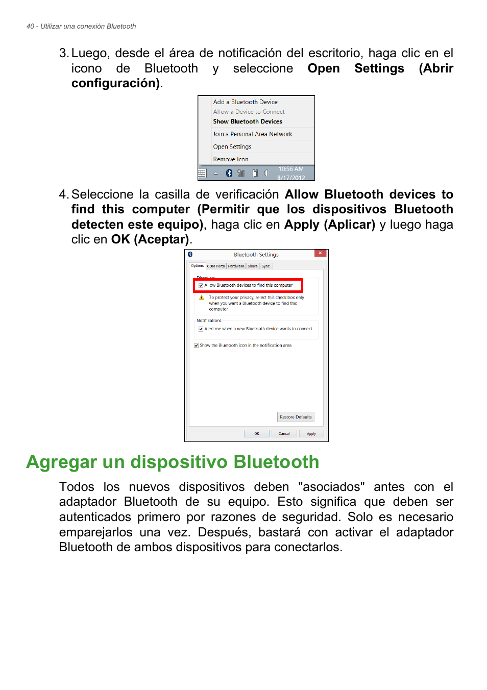 Agregar un dispositivo bluetooth | Acer Aspire E1-470PG User Manual | Page 40 / 101