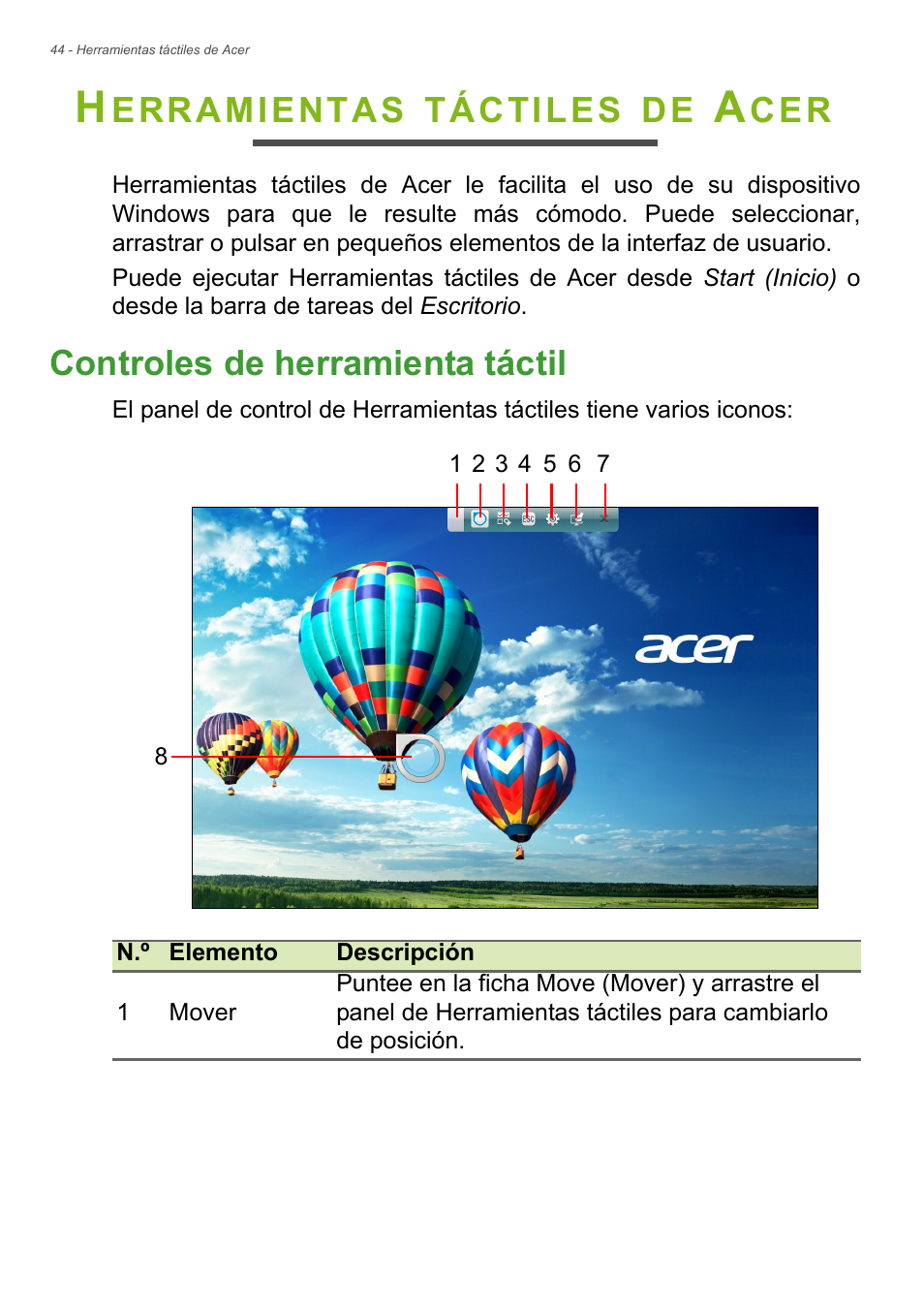 Herramientas táctiles de acer, Controles de herramienta táctil, Erramientas | Táctiles | Acer Aspire E1-470PG User Manual | Page 44 / 101