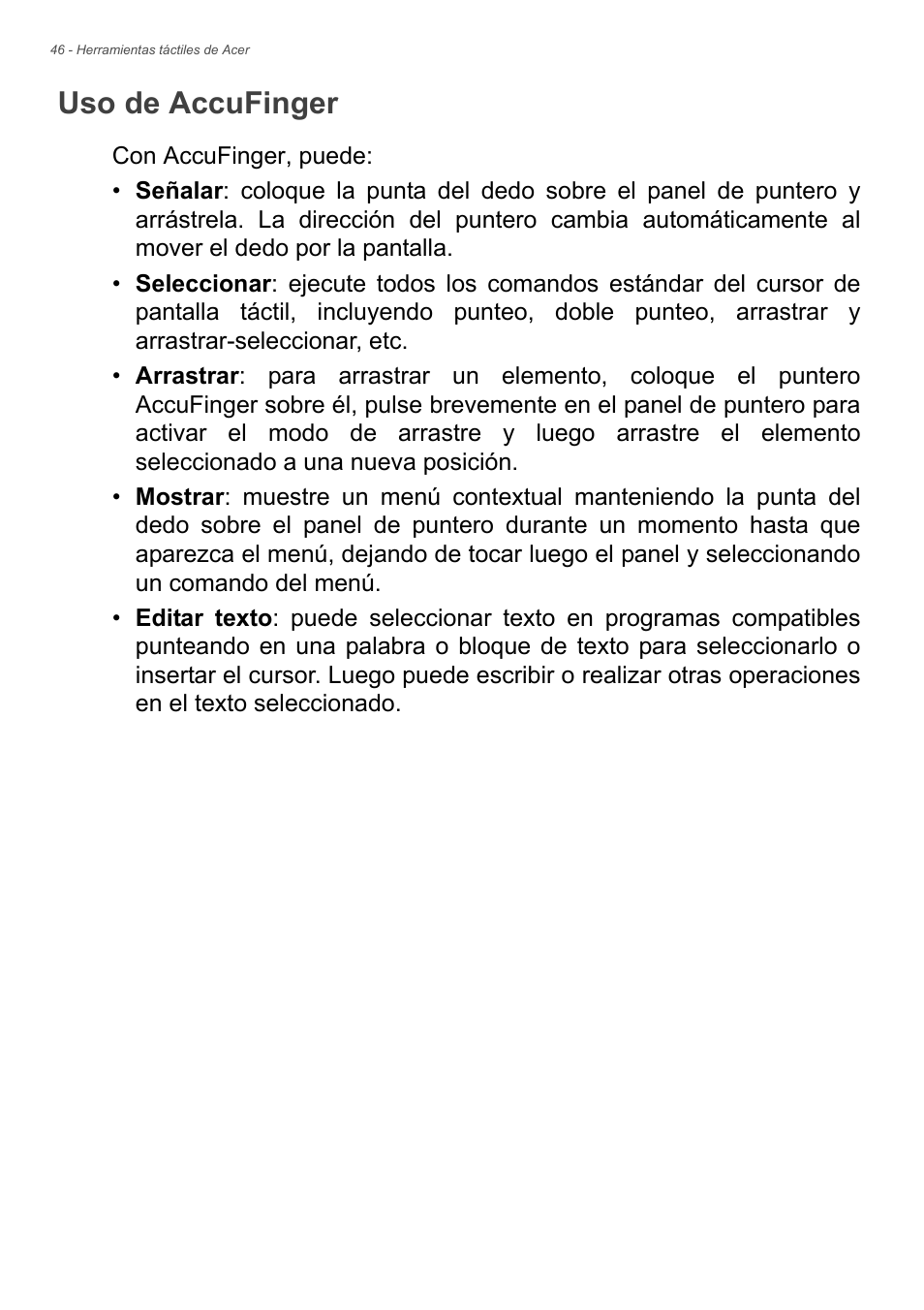 Uso de accufinger | Acer Aspire E1-470PG User Manual | Page 46 / 101