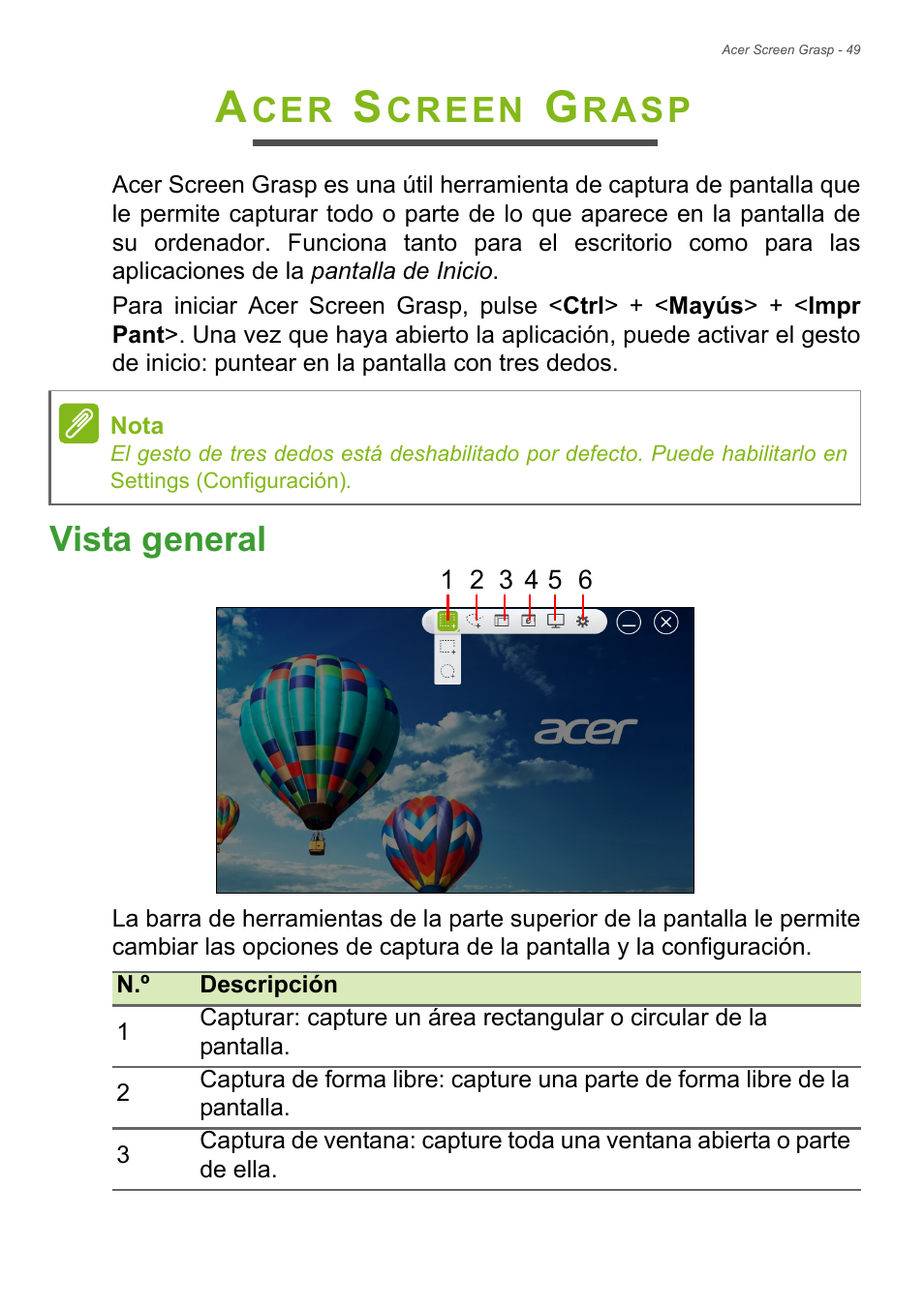 Acer screen grasp, Vista general, Consulte acer screen | Creen, Rasp | Acer Aspire E1-470PG User Manual | Page 49 / 101