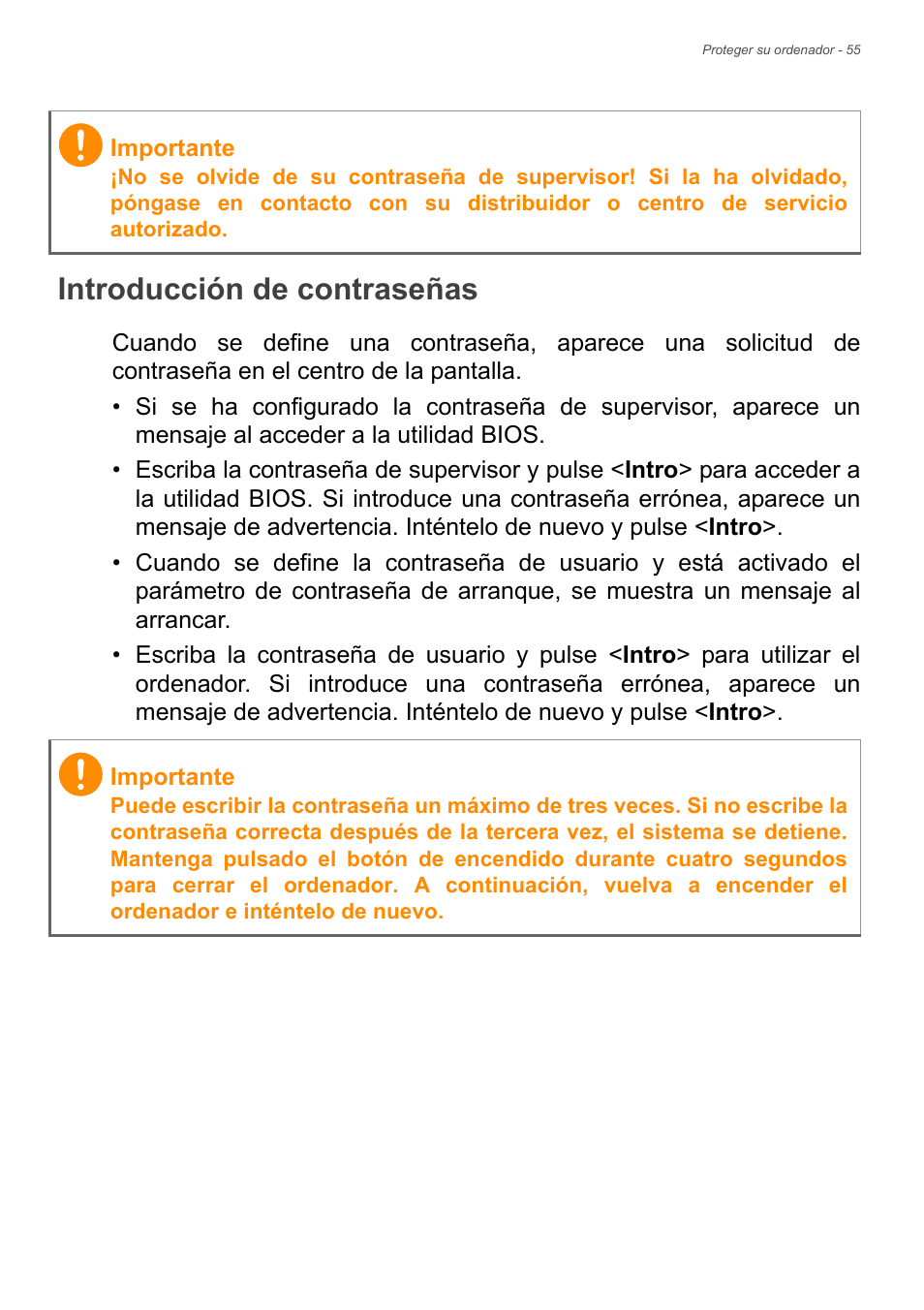 Introducción de contraseñas | Acer Aspire E1-470PG User Manual | Page 55 / 101