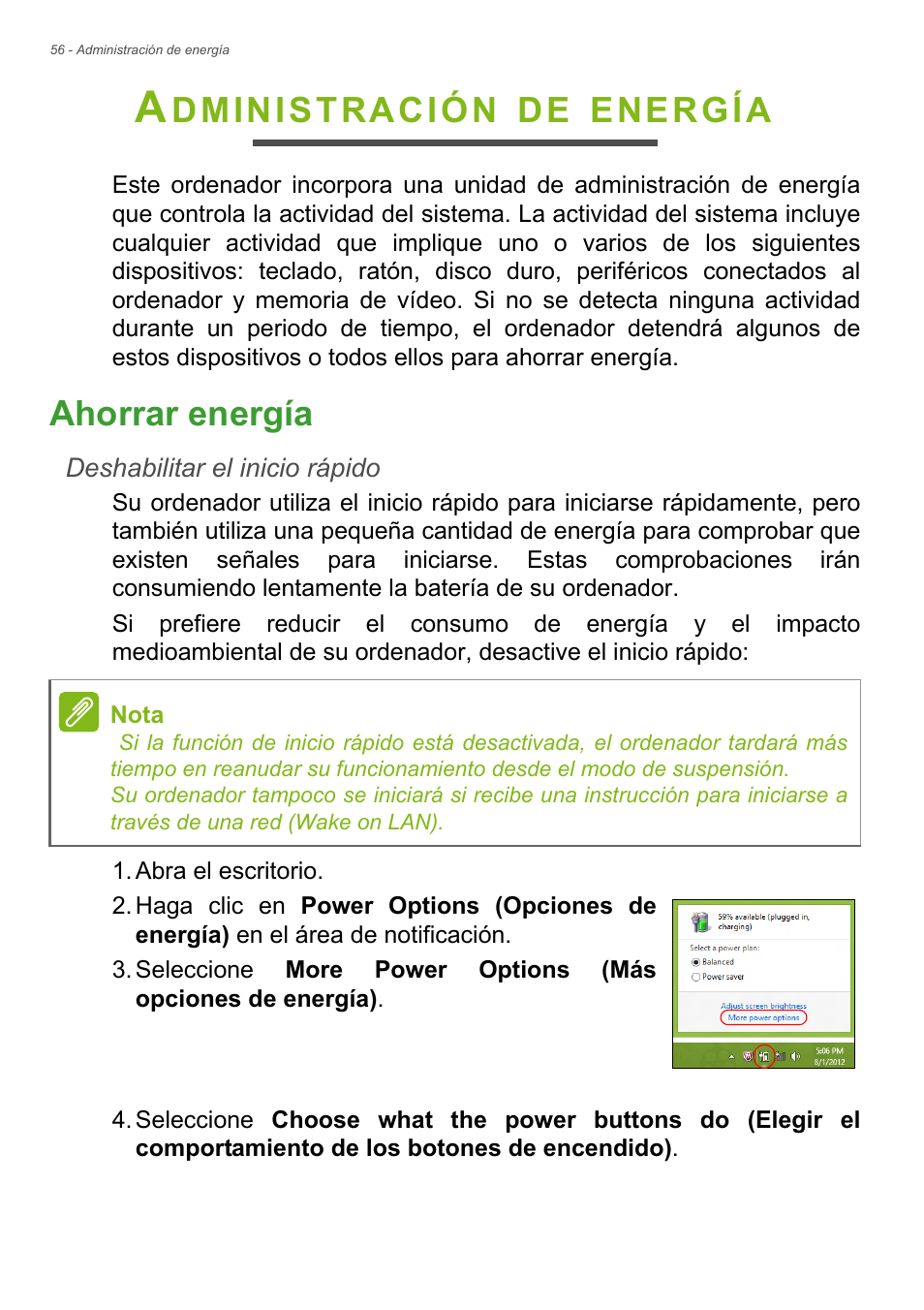 Administración de energía, Ahorrar energía, Dministración | Energía | Acer Aspire E1-470PG User Manual | Page 56 / 101