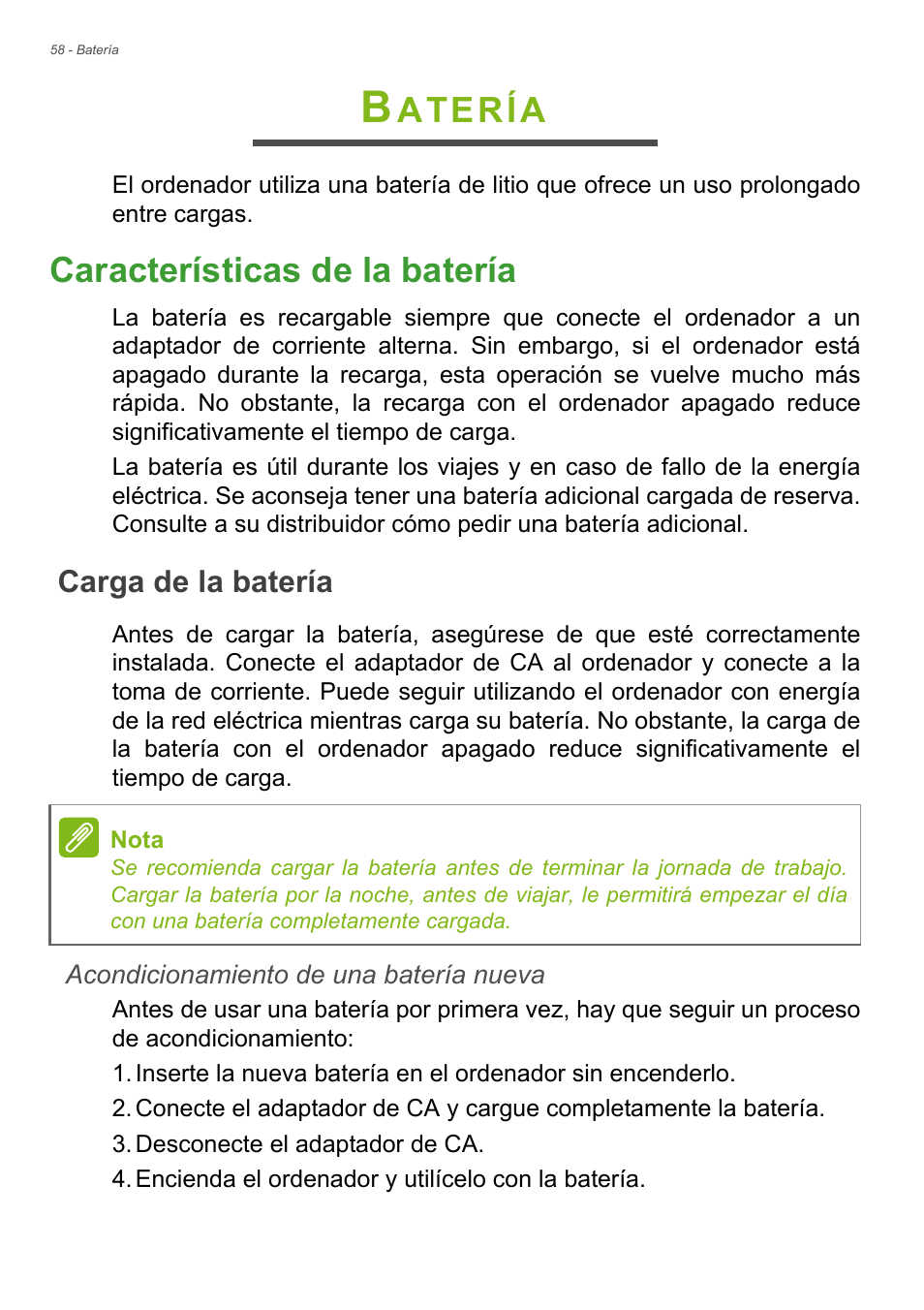 Batería, Características de la batería, Carga de la batería | Atería | Acer Aspire E1-470PG User Manual | Page 58 / 101