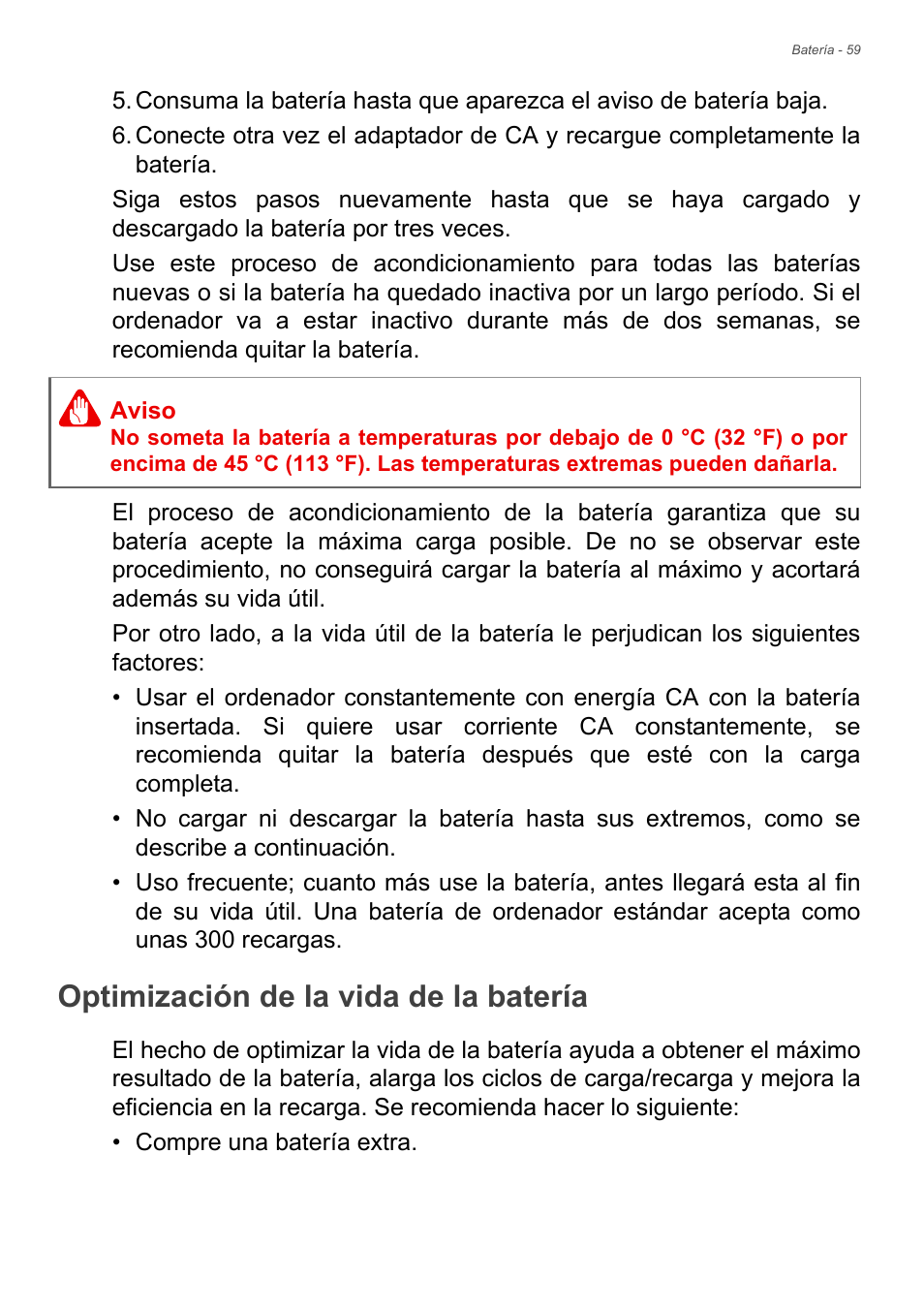 Optimización de la vida de la batería | Acer Aspire E1-470PG User Manual | Page 59 / 101