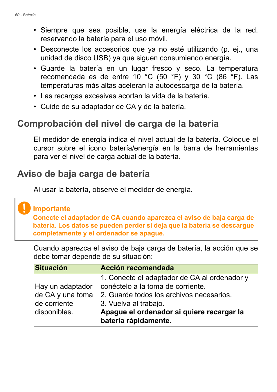 Comprobación del nivel de carga de la batería, Aviso de baja carga de batería | Acer Aspire E1-470PG User Manual | Page 60 / 101