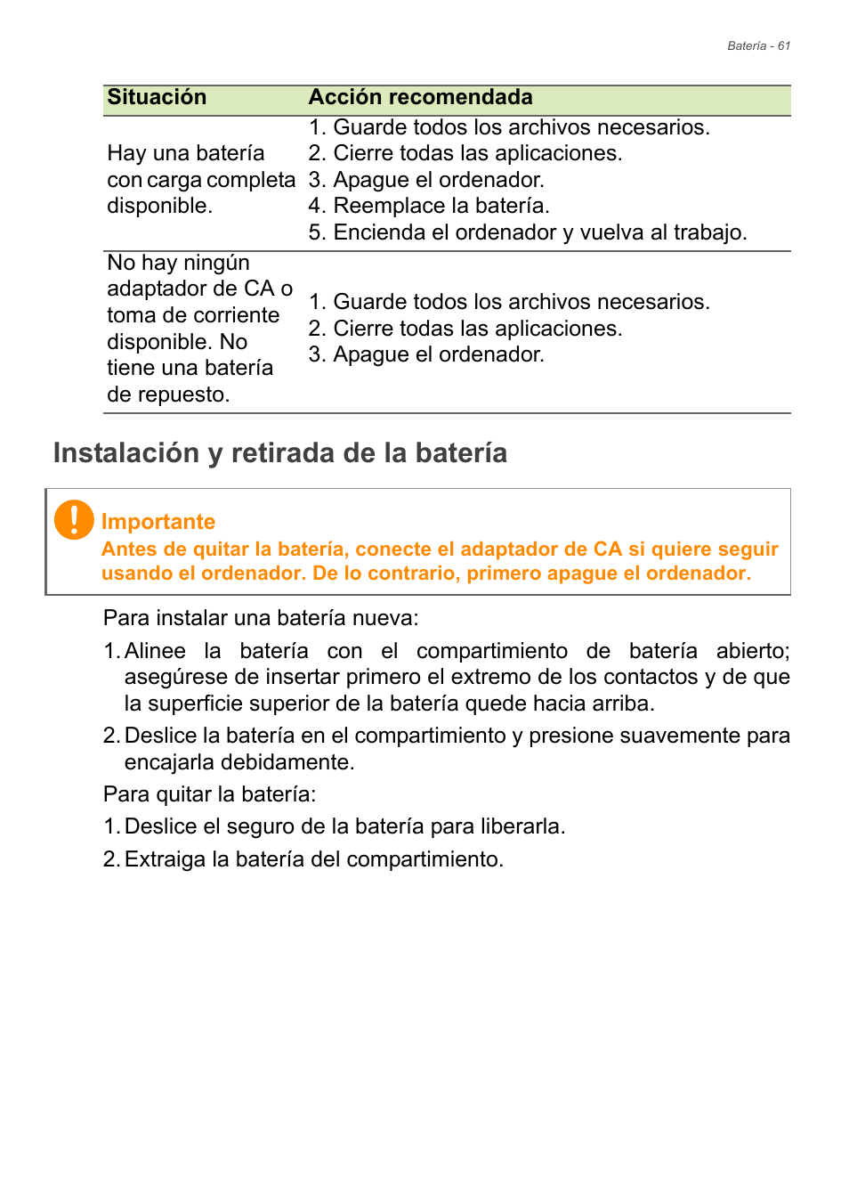 Instalación y retirada de la batería | Acer Aspire E1-470PG User Manual | Page 61 / 101