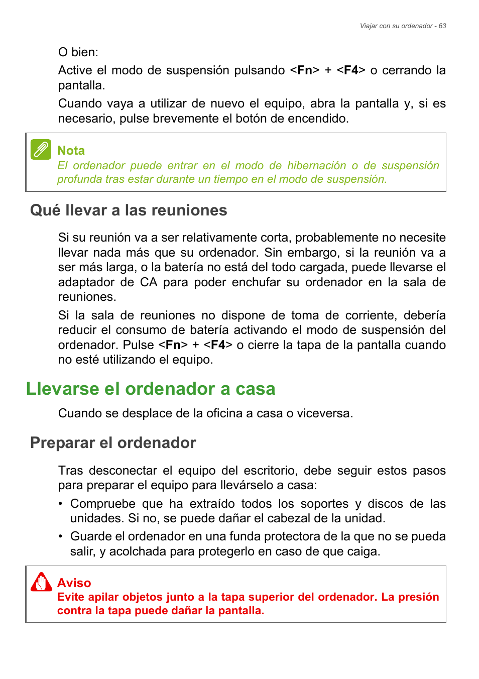 Qué llevar a las reuniones, Llevarse el ordenador a casa, Preparar el ordenador | Acer Aspire E1-470PG User Manual | Page 63 / 101