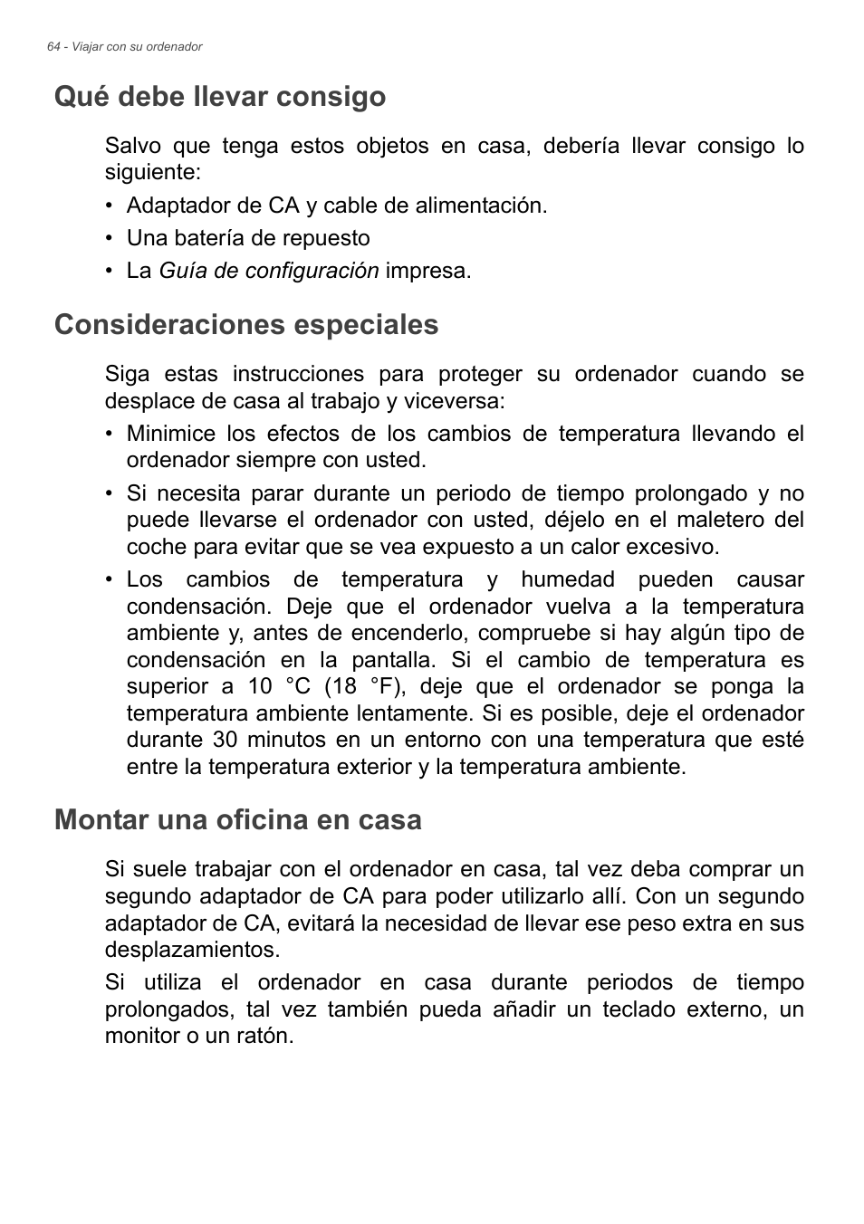 Qué debe llevar consigo, Consideraciones especiales, Montar una oficina en casa | Acer Aspire E1-470PG User Manual | Page 64 / 101