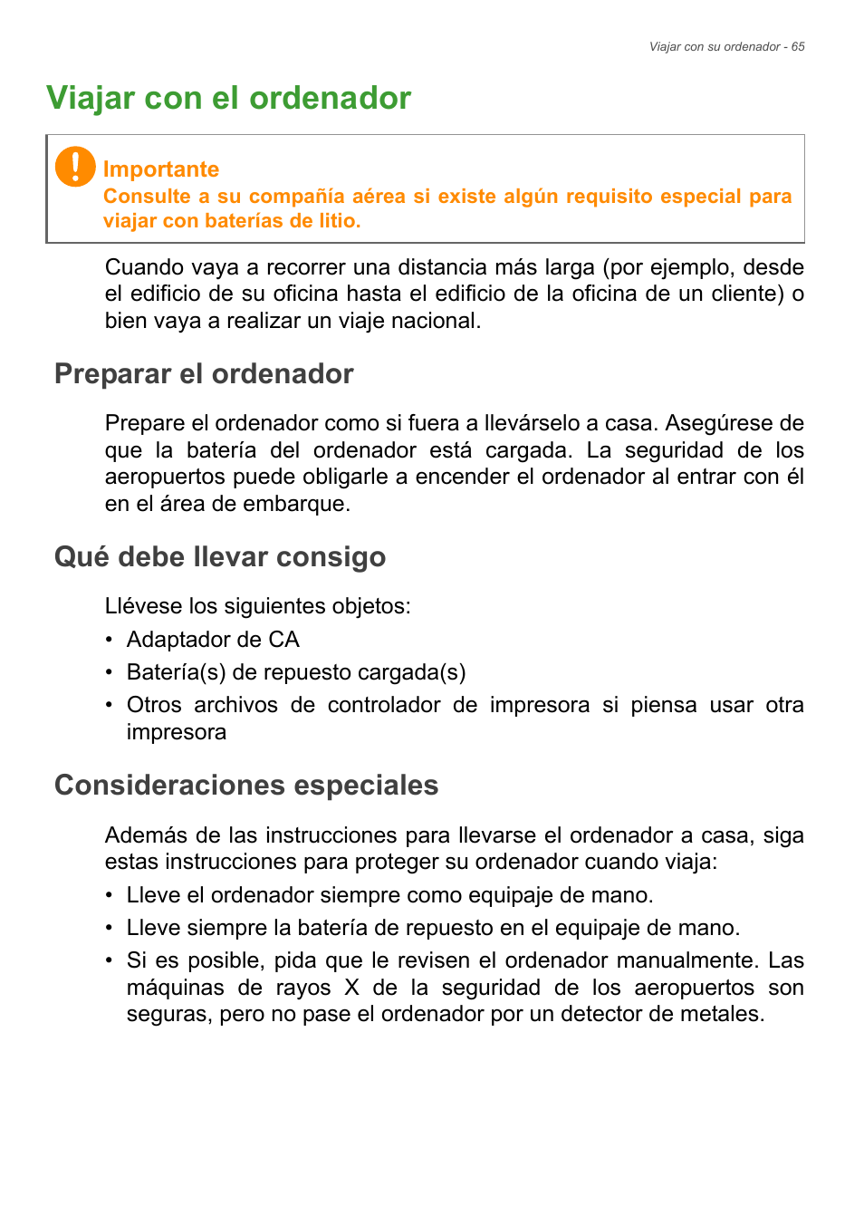 Viajar con el ordenador, Preparar el ordenador, Qué debe llevar consigo | Consideraciones especiales | Acer Aspire E1-470PG User Manual | Page 65 / 101