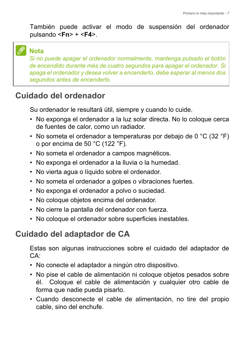 Cuidado del ordenador, Cuidado del adaptador de ca, Cuidado del ordenador cuidado del adaptador de ca | Acer Aspire E1-470PG User Manual | Page 7 / 101