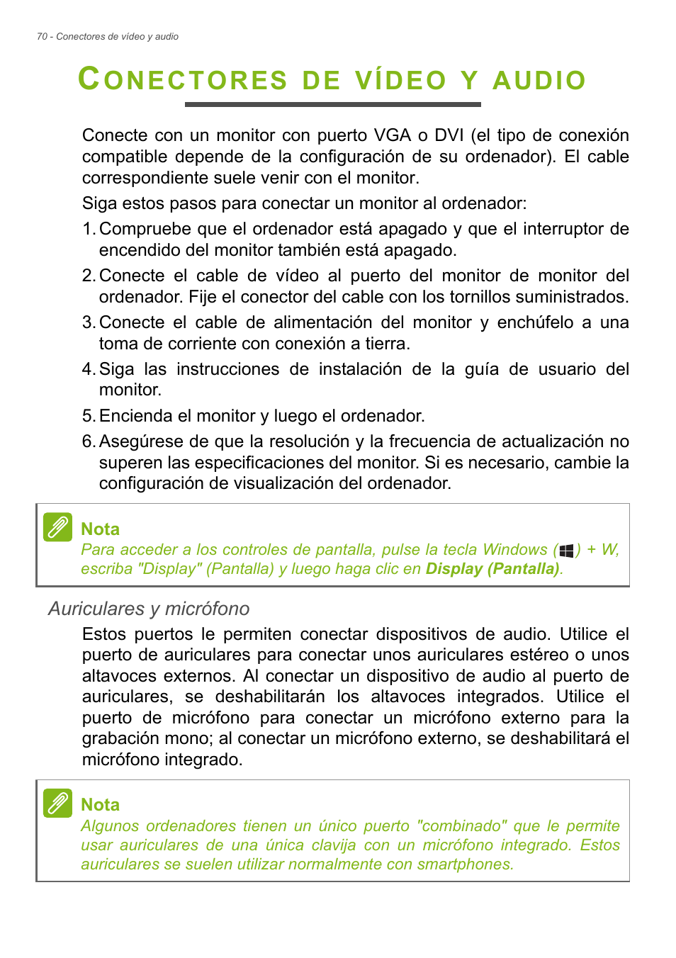 Conectores de vídeo y audio, Onectores, Vídeo | Audio | Acer Aspire E1-470PG User Manual | Page 70 / 101