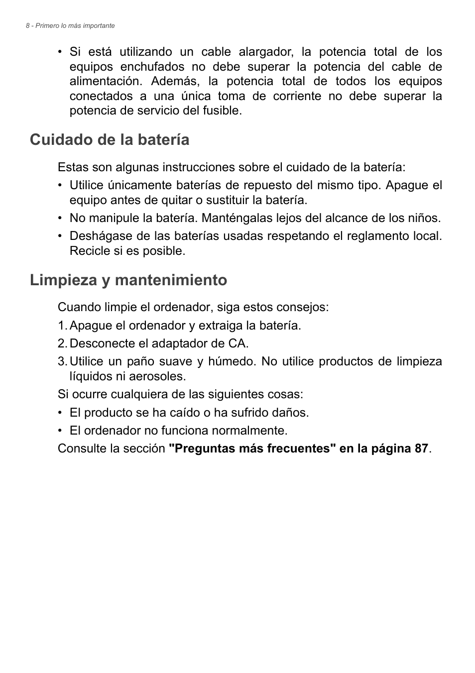 Cuidado de la batería, Limpieza y mantenimiento, Cuidado de la batería limpieza y mantenimiento | Acer Aspire E1-470PG User Manual | Page 8 / 101