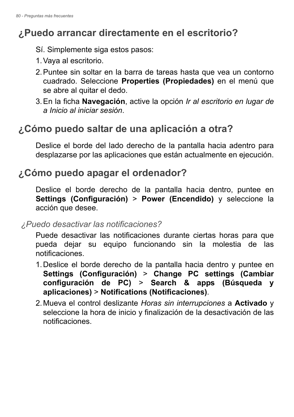 Puedo arrancar directamente en el escritorio, Cómo puedo saltar de una aplicación a otra, Cómo puedo apagar el ordenador | Aplicación a otra? ¿cómo puedo apagar el ordenador | Acer Aspire E1-470PG User Manual | Page 80 / 101