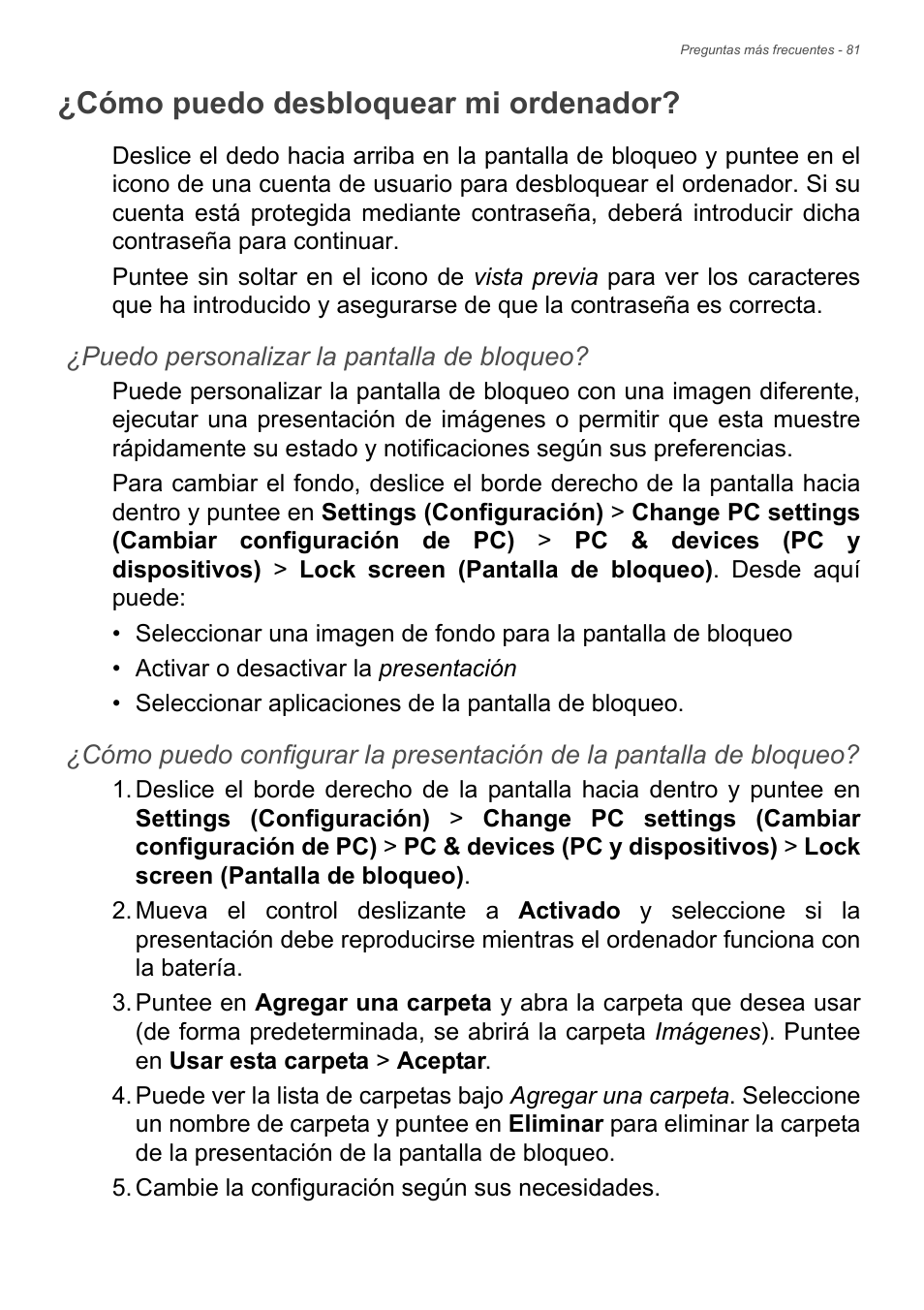 Cómo puedo desbloquear mi ordenador, Cómo puedo desbloquear, Mi ordenador | Acer Aspire E1-470PG User Manual | Page 81 / 101