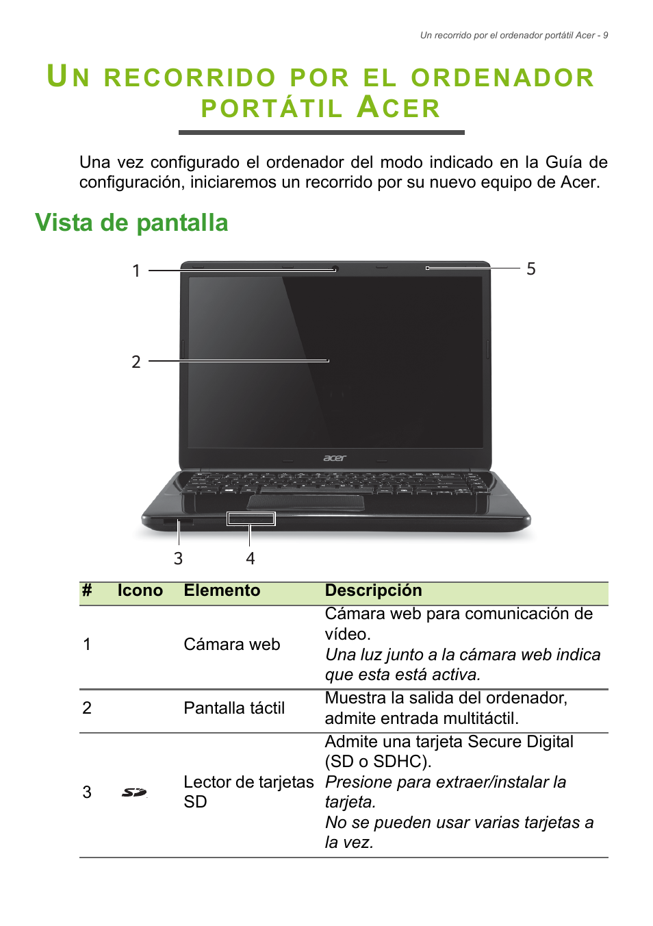 Un recorrido por el ordenador portátil acer, Vista de pantalla, Un recorrido por el ordenador | Portátil acer, Recorrido, Ordenador, Portátil | Acer Aspire E1-470PG User Manual | Page 9 / 101