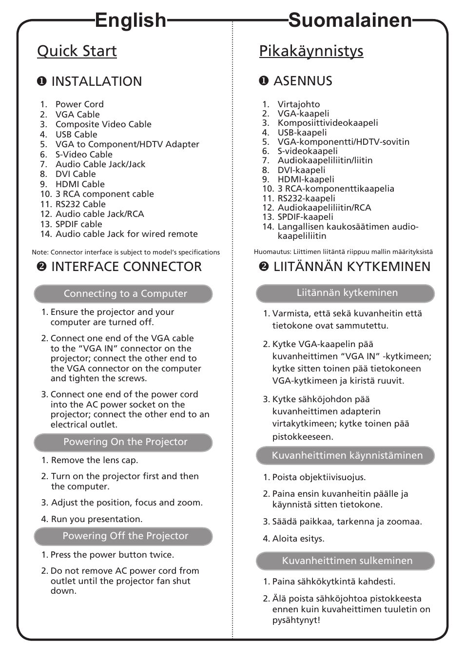 Suomalainen, English, Pikakäynnistys | Quick start, Asennus, Liitännän kytkeminen, Installation, Interface connector | Acer P7270 User Manual | Page 2 / 2