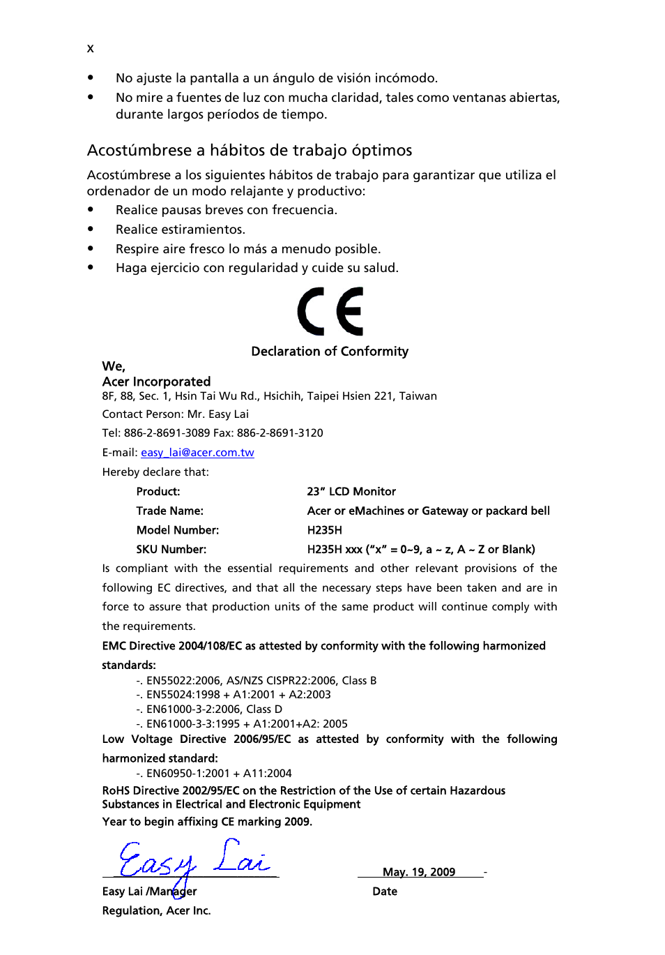 Declaration of conformity, Acostúmbrese a hábitos de trabajo óptimos | Acer H235H User Manual | Page 10 / 29