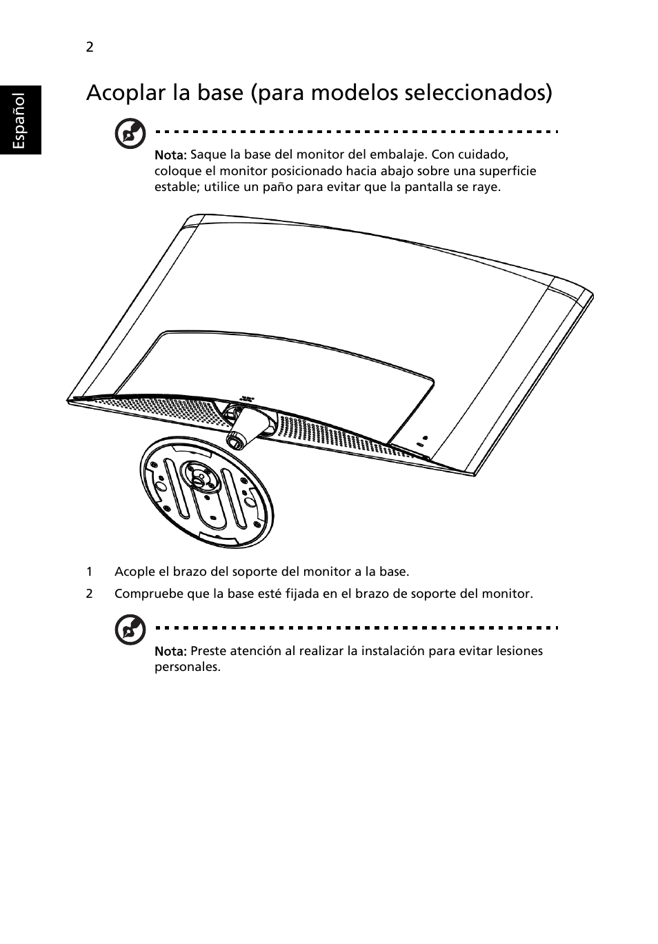 Acoplar la base (para modelos seleccionados) | Acer H235H User Manual | Page 16 / 29