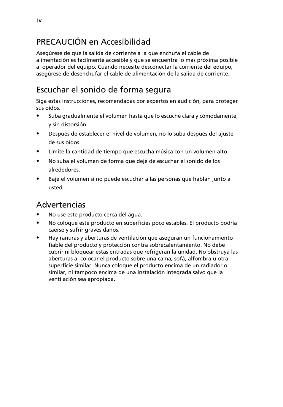 Precaución en accesibilidad, Escuchar el sonido de forma segura, Advertencias | Acer H235H User Manual | Page 4 / 29