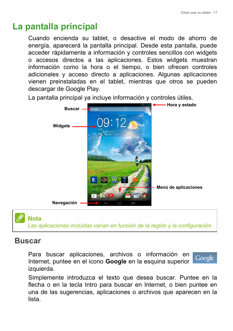 La pantalla principal, Buscar | Acer B1-730HD User Manual | Page 11 / 61