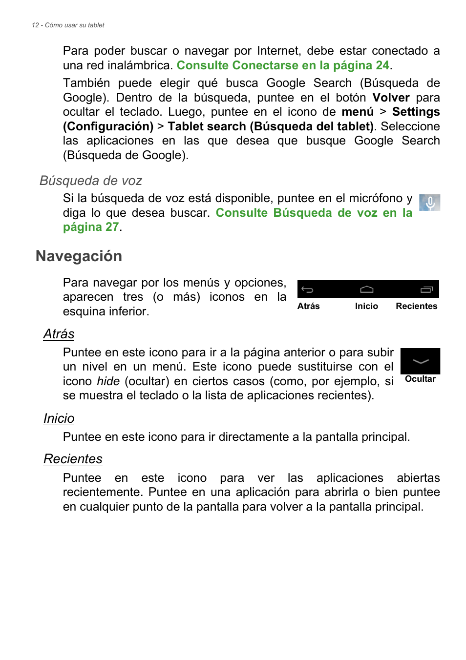 Navegación, Búsqueda de voz, Atrás | Inicio, Recientes | Acer B1-730HD User Manual | Page 12 / 61