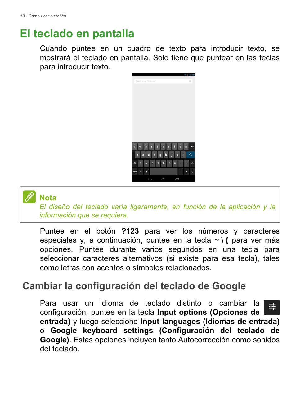El teclado en pantalla, Cambiar la configuración del teclado de google | Acer B1-730HD User Manual | Page 18 / 61