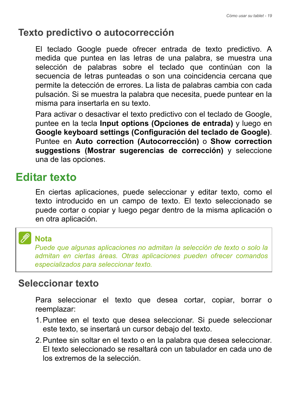 Texto predictivo o autocorrección, Editar texto, Seleccionar texto | Acer B1-730HD User Manual | Page 19 / 61