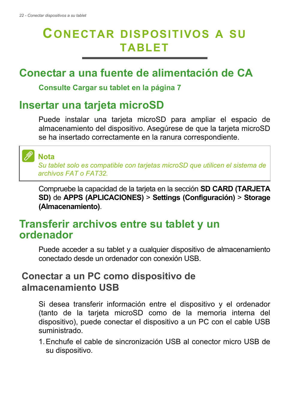 Conectar dispositivos a su tablet, Conectar a una fuente de alimentación de ca, Insertar una tarjeta microsd | Transferir archivos entre su tablet y un ordenador | Acer B1-730HD User Manual | Page 22 / 61