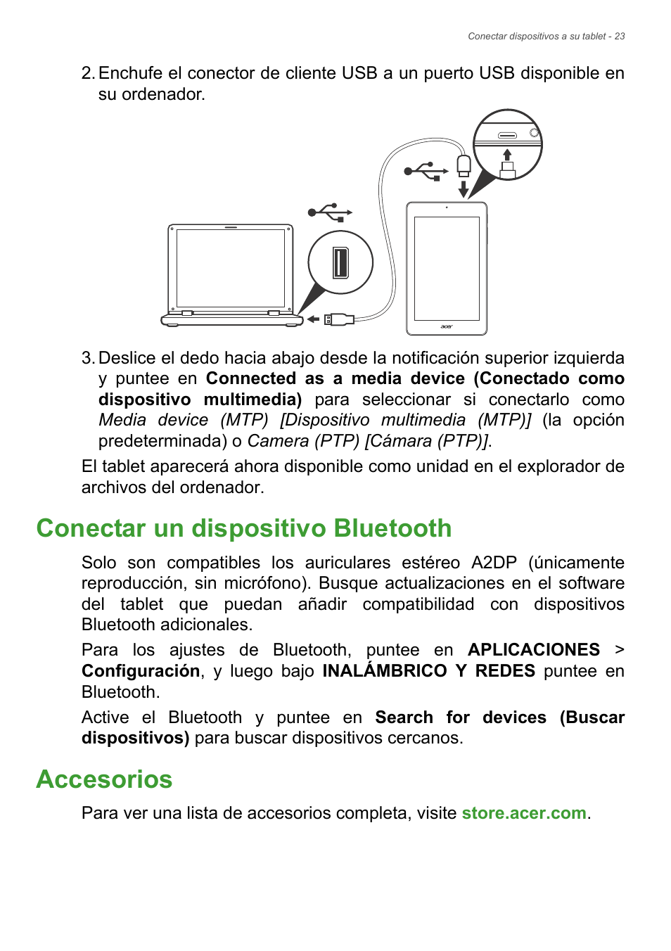 Conectar un dispositivo bluetooth, Accesorios, Conectar un dispositivo bluetooth accesorios | Acer B1-730HD User Manual | Page 23 / 61