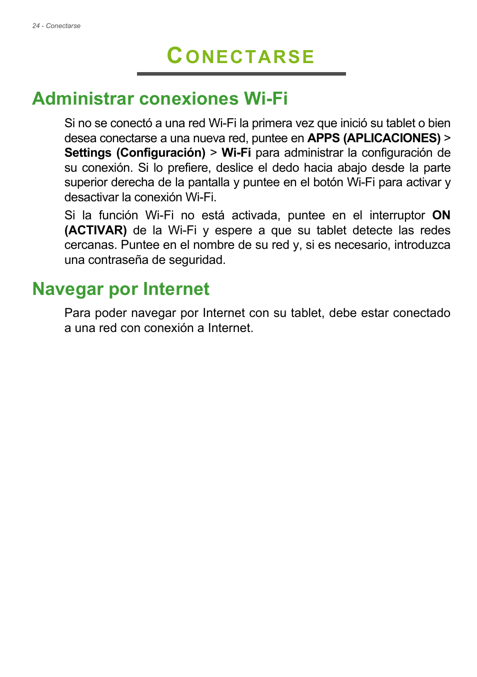 Conectarse, Administrar conexiones wi-fi, Navegar por internet | Administrar conexiones wi-fi navegar por internet, Onectarse administrar conexiones wi-fi | Acer B1-730HD User Manual | Page 24 / 61