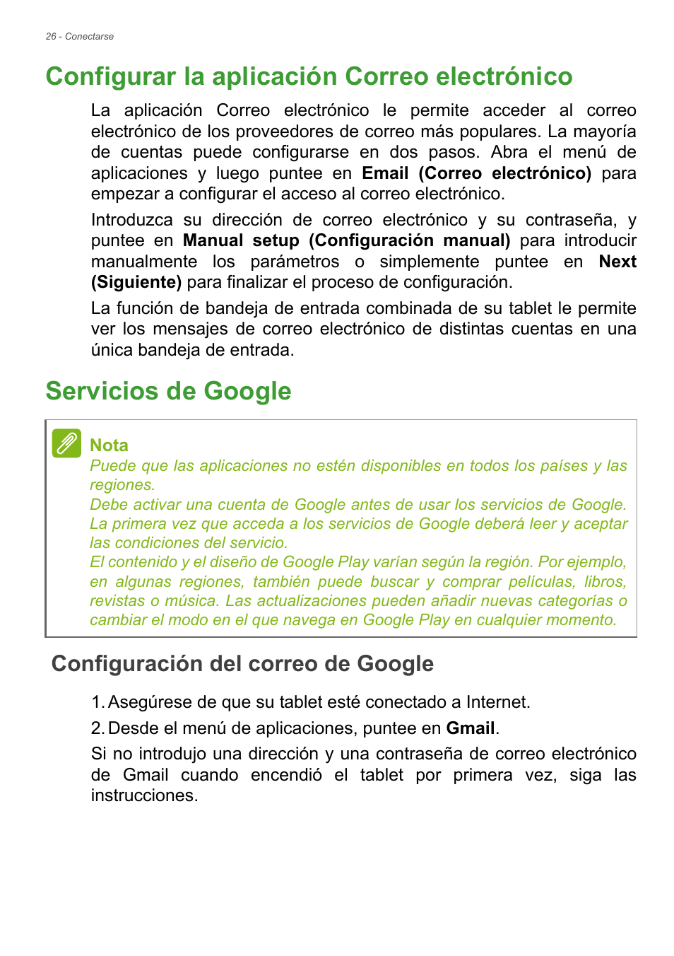 Configurar la aplicación correo electrónico, Servicios de google, Configuración del correo de google | Acer B1-730HD User Manual | Page 26 / 61