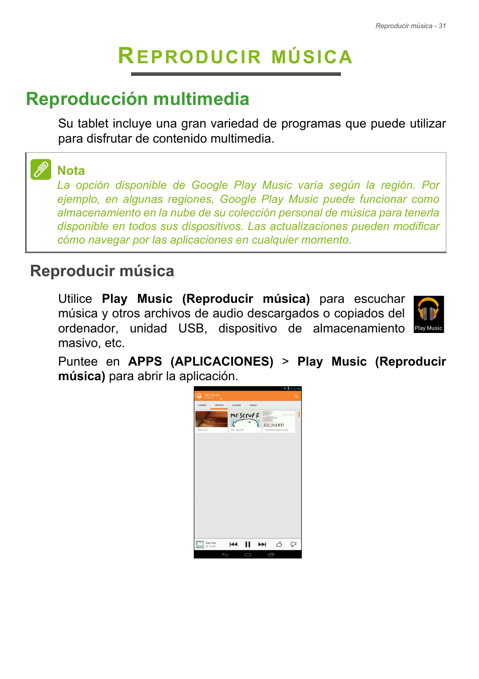 Reproducir música, Reproducción multimedia, Eproducir | Música reproducción multimedia | Acer B1-730HD User Manual | Page 31 / 61