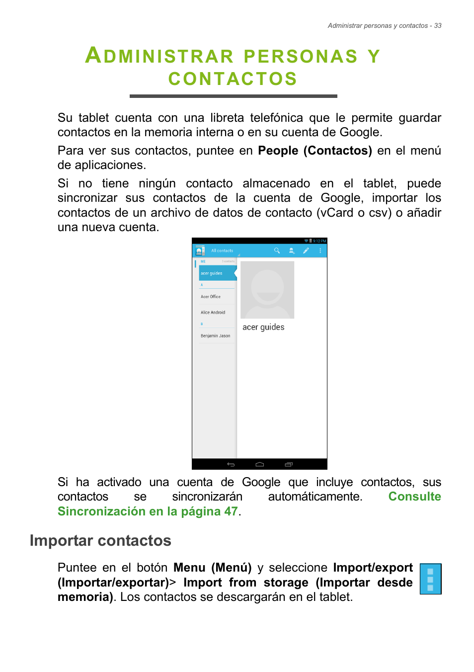 Administrar personas y contactos, Importar contactos, Dministrar | Personas, Contactos | Acer B1-730HD User Manual | Page 33 / 61