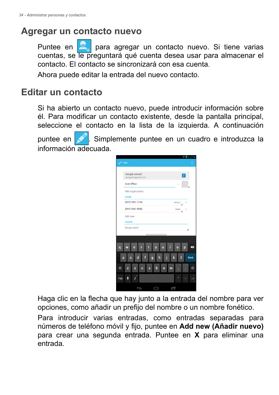 Agregar un contacto nuevo, Editar un contacto | Acer B1-730HD User Manual | Page 34 / 61
