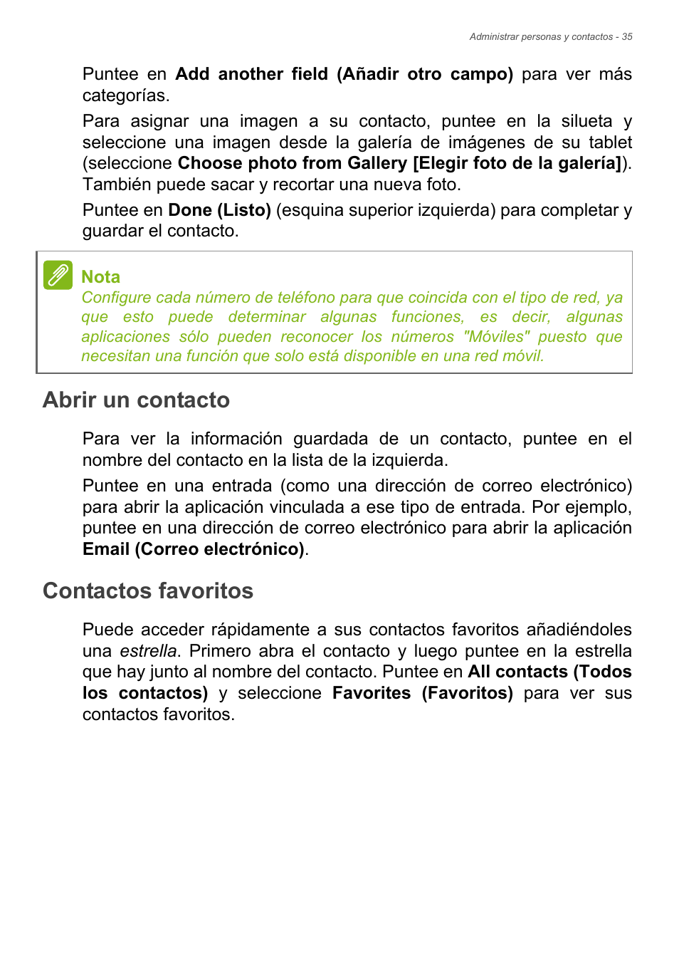 Abrir un contacto, Contactos favoritos | Acer B1-730HD User Manual | Page 35 / 61