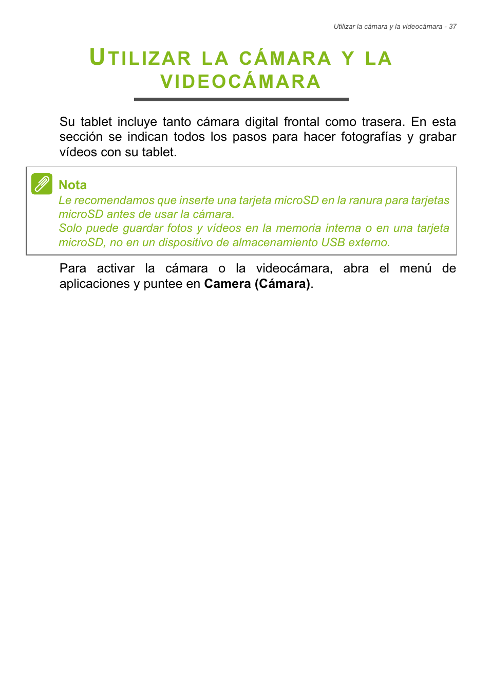 Utilizar la cámara y la videocámara | Acer B1-730HD User Manual | Page 37 / 61