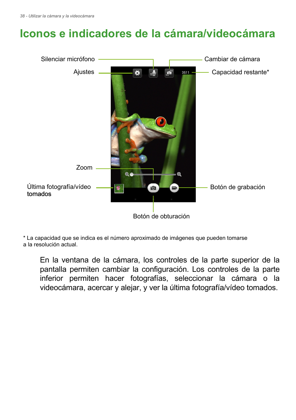 Iconos e indicadores de la cámara/videocámara, Iconos e indicadores de la cámara/ videocámara | Acer B1-730HD User Manual | Page 38 / 61