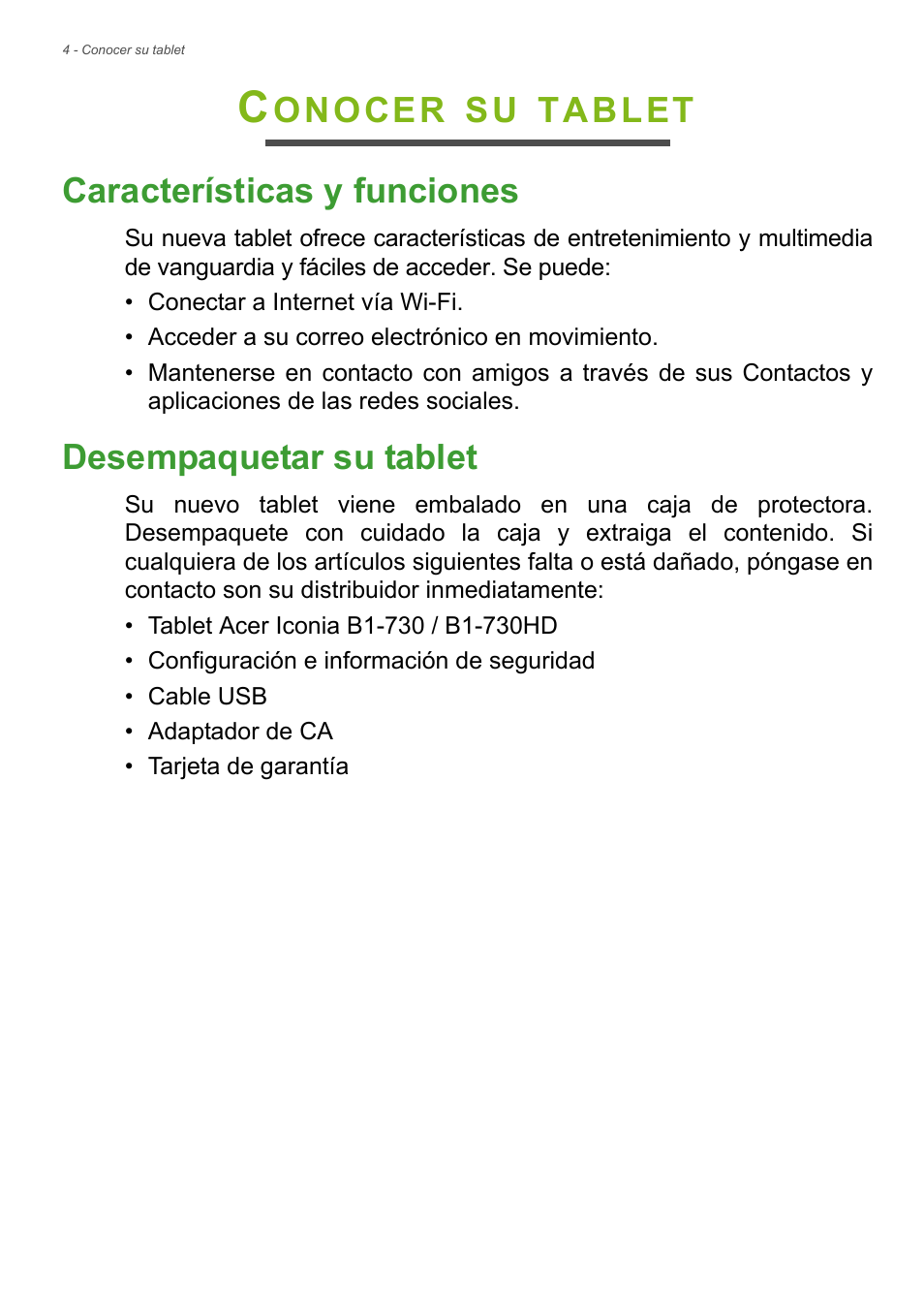 Conocer su tablet, Características y funciones, Desempaquetar su tablet | Acer B1-730HD User Manual | Page 4 / 61