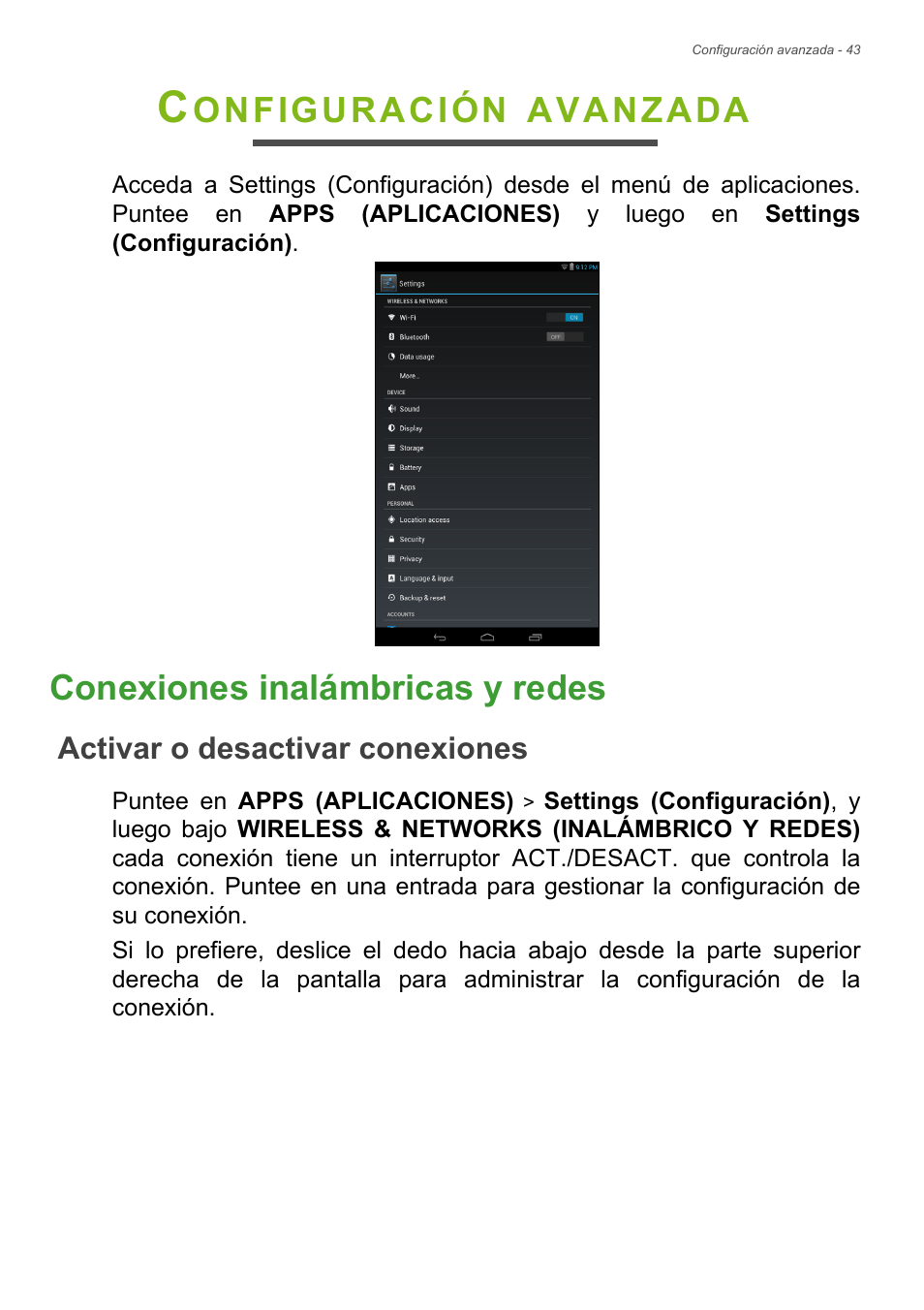 Configuración avanzada, Conexiones inalámbricas y redes, Activar o desactivar conexiones | Onfiguración, Avanzada | Acer B1-730HD User Manual | Page 43 / 61