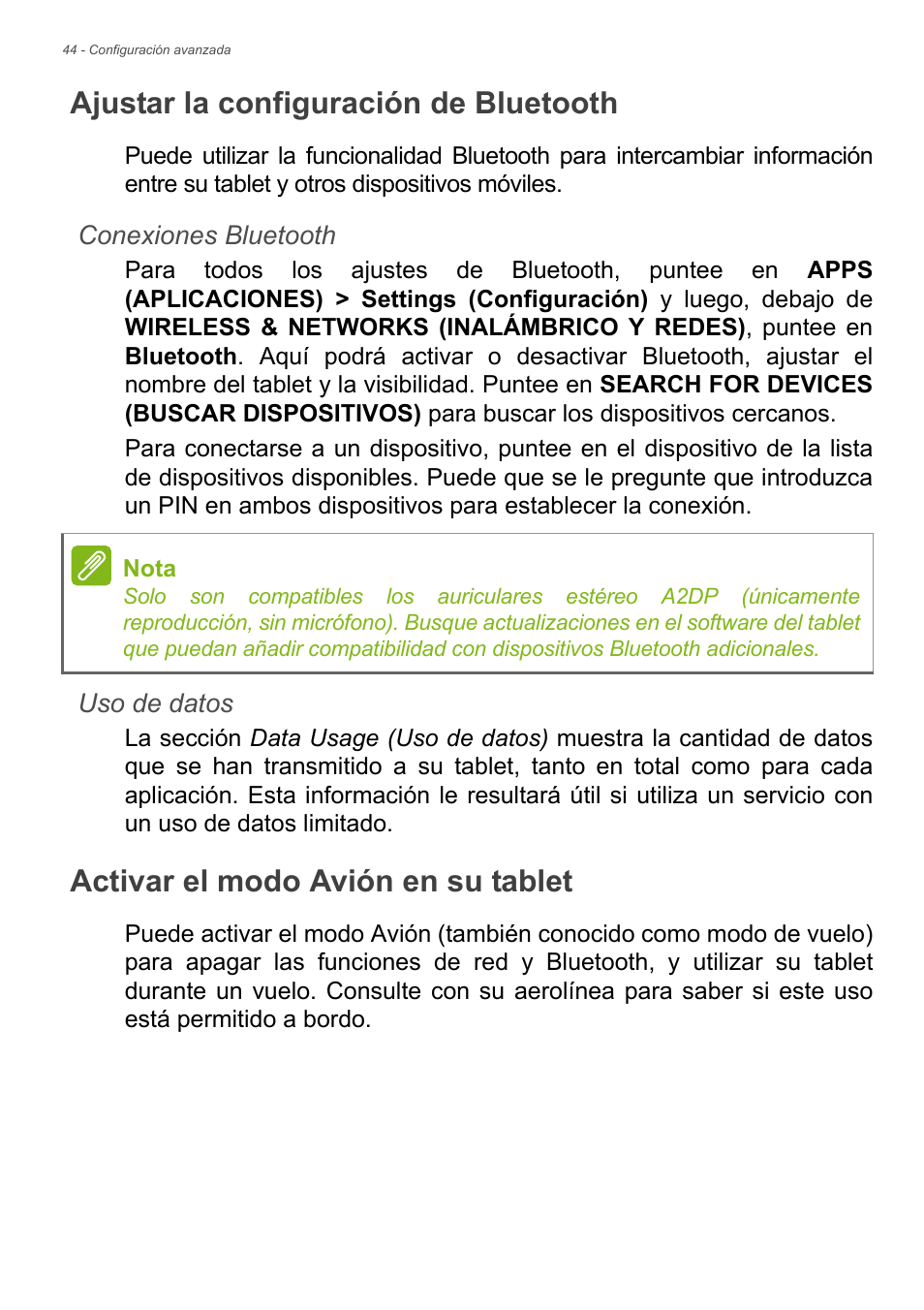 Ajustar la configuración de bluetooth, Activar el modo avión en su tablet | Acer B1-730HD User Manual | Page 44 / 61