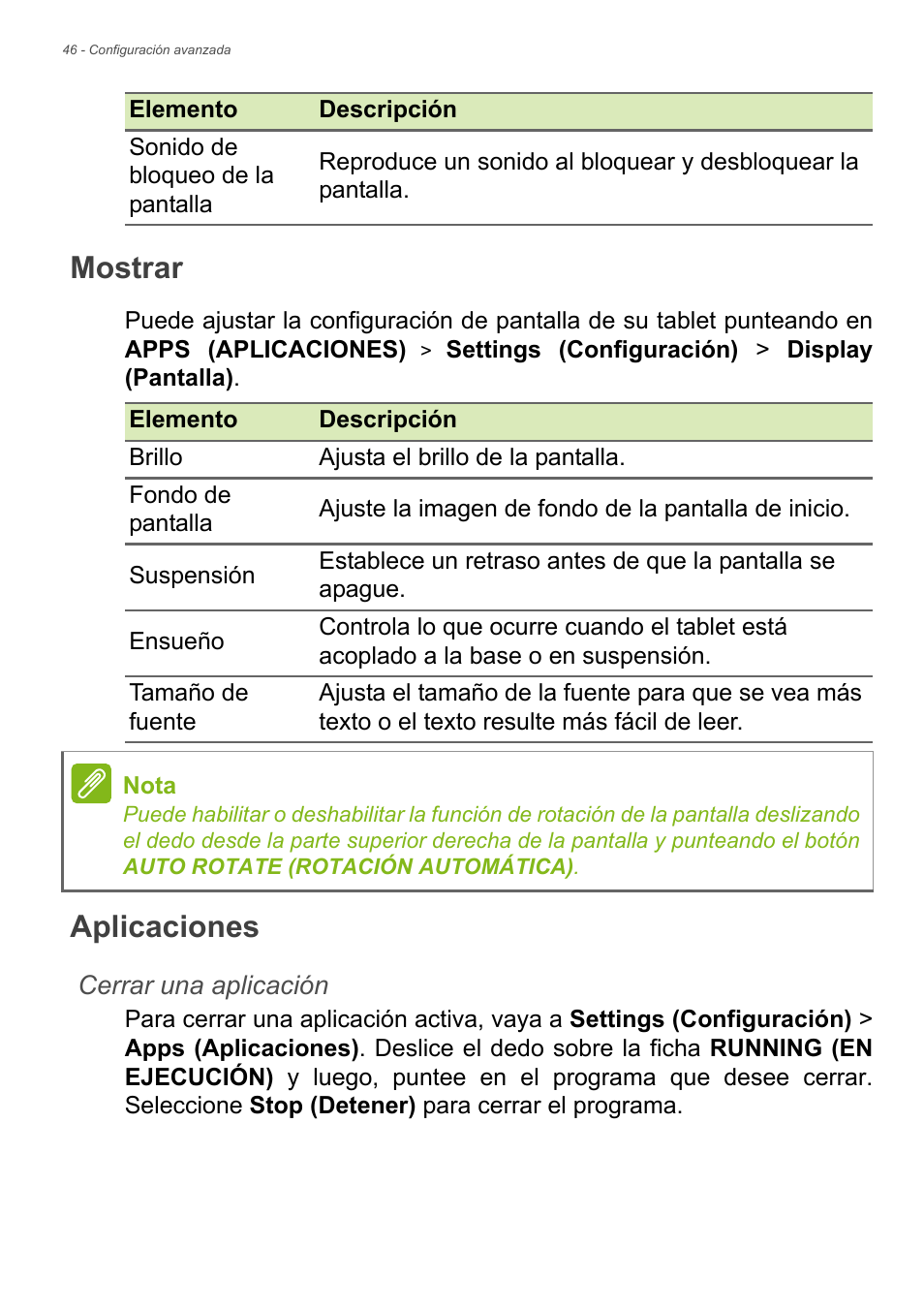 Mostrar, Aplicaciones | Acer B1-730HD User Manual | Page 46 / 61