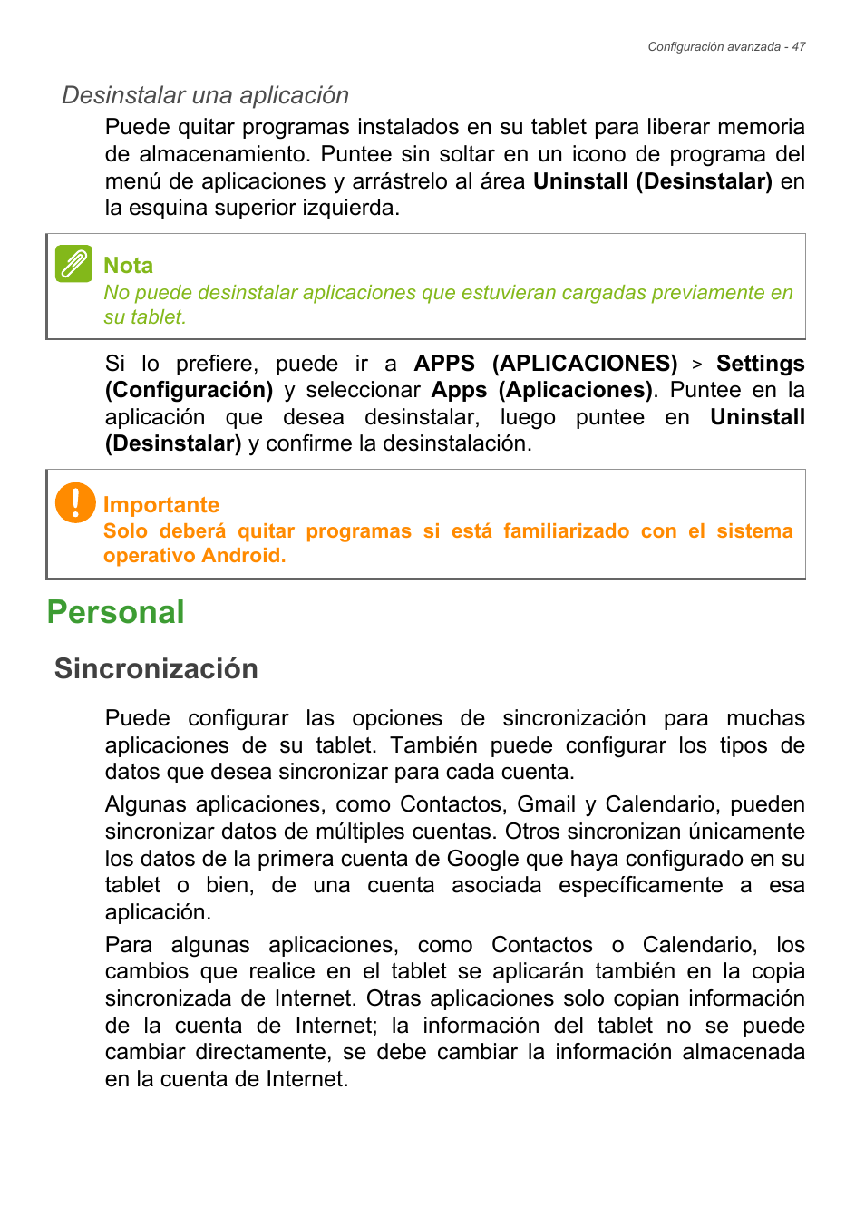 Personal, Sincronización | Acer B1-730HD User Manual | Page 47 / 61