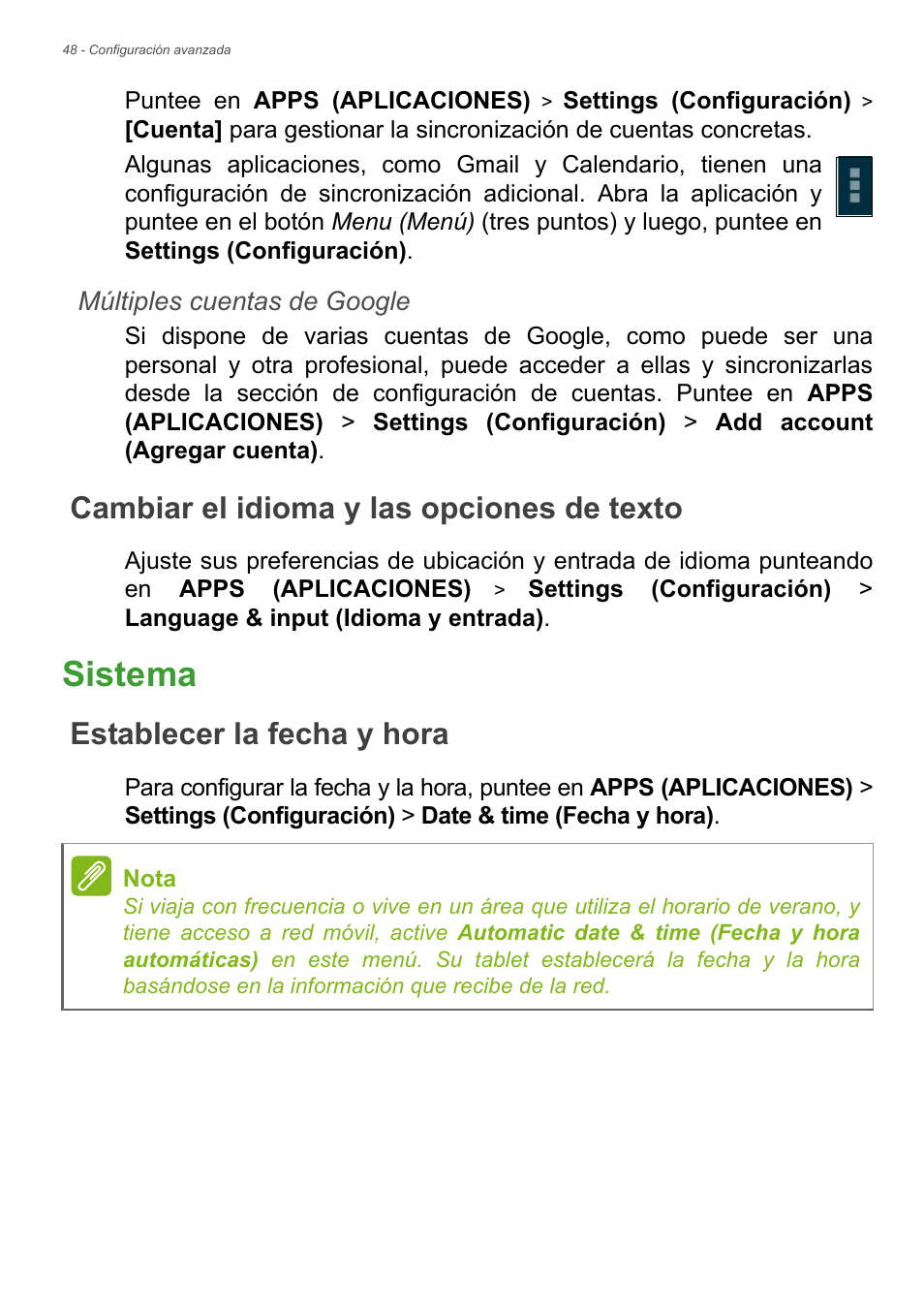 Cambiar el idioma y las opciones de texto, Sistema, Establecer la fecha y hora | Acer B1-730HD User Manual | Page 48 / 61