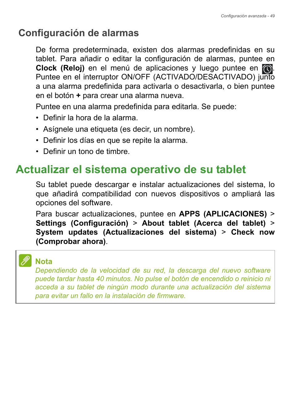 Configuración de alarmas, Actualizar el sistema operativo de su tablet | Acer B1-730HD User Manual | Page 49 / 61