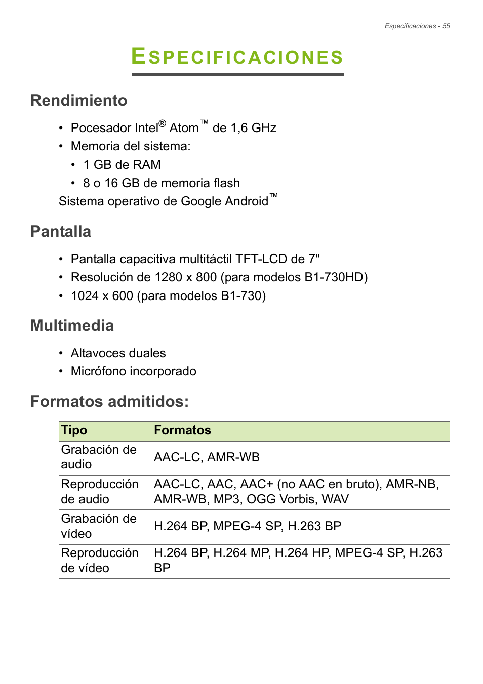 Especificaciones, Rendimiento, Pantalla | Multimedia, Formatos admitidos, Mite, Consulte, Specificaciones | Acer B1-730HD User Manual | Page 55 / 61