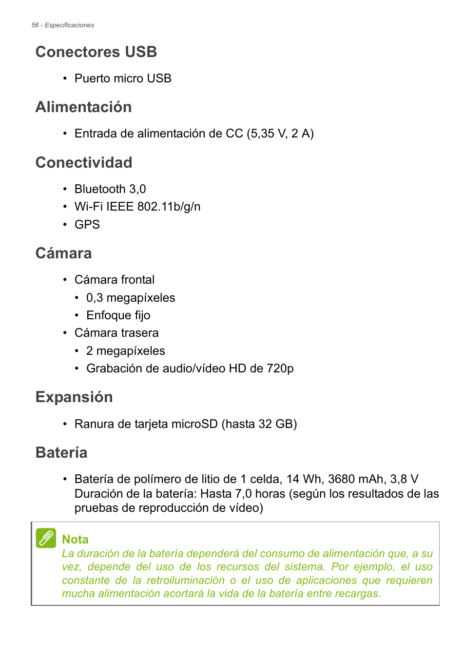 Conectores usb, Alimentación, Conectividad | Cámara, Expansión, Batería | Acer B1-730HD User Manual | Page 56 / 61