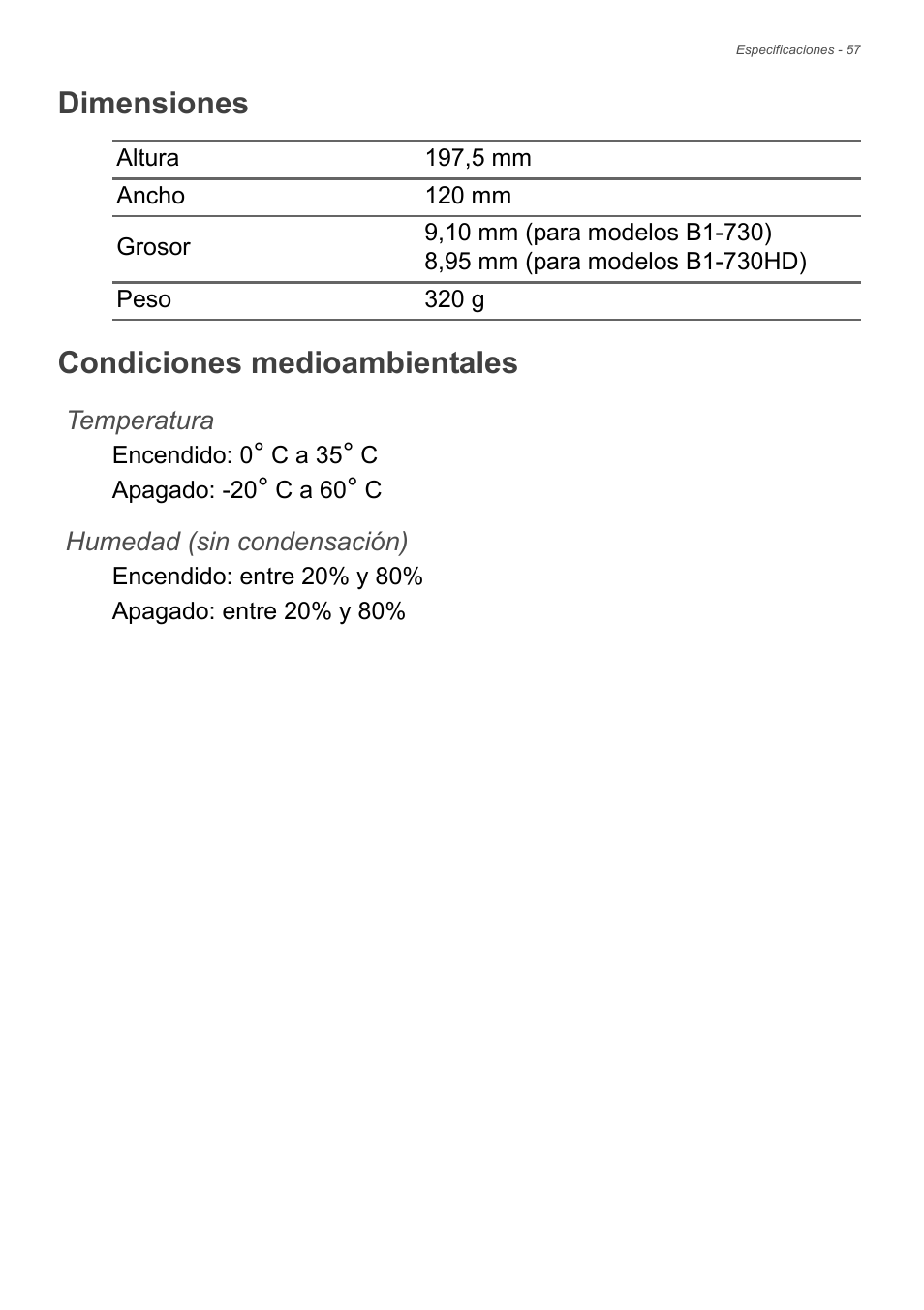 Dimensiones, Condiciones medioambientales | Acer B1-730HD User Manual | Page 57 / 61