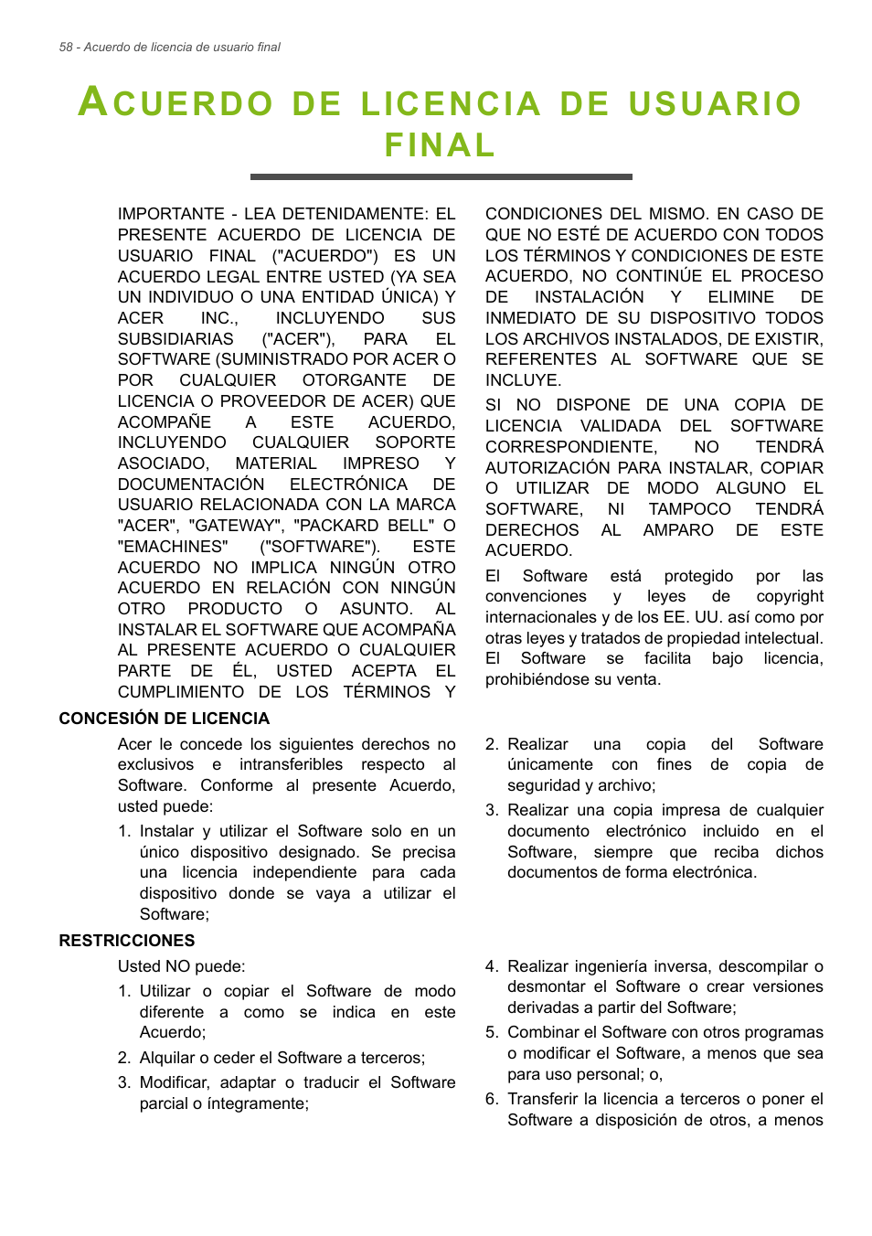 Acuerdo de licencia de usuario final, Acuerdo de licencia de usuario final 58, Cuerdo | Licencia, Usuario, Final | Acer B1-730HD User Manual | Page 58 / 61